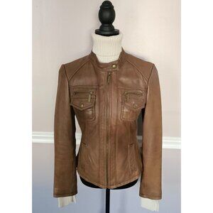 Michael Kors Snap Collar Leather Moto/ BikerJacket -Brown- Size S